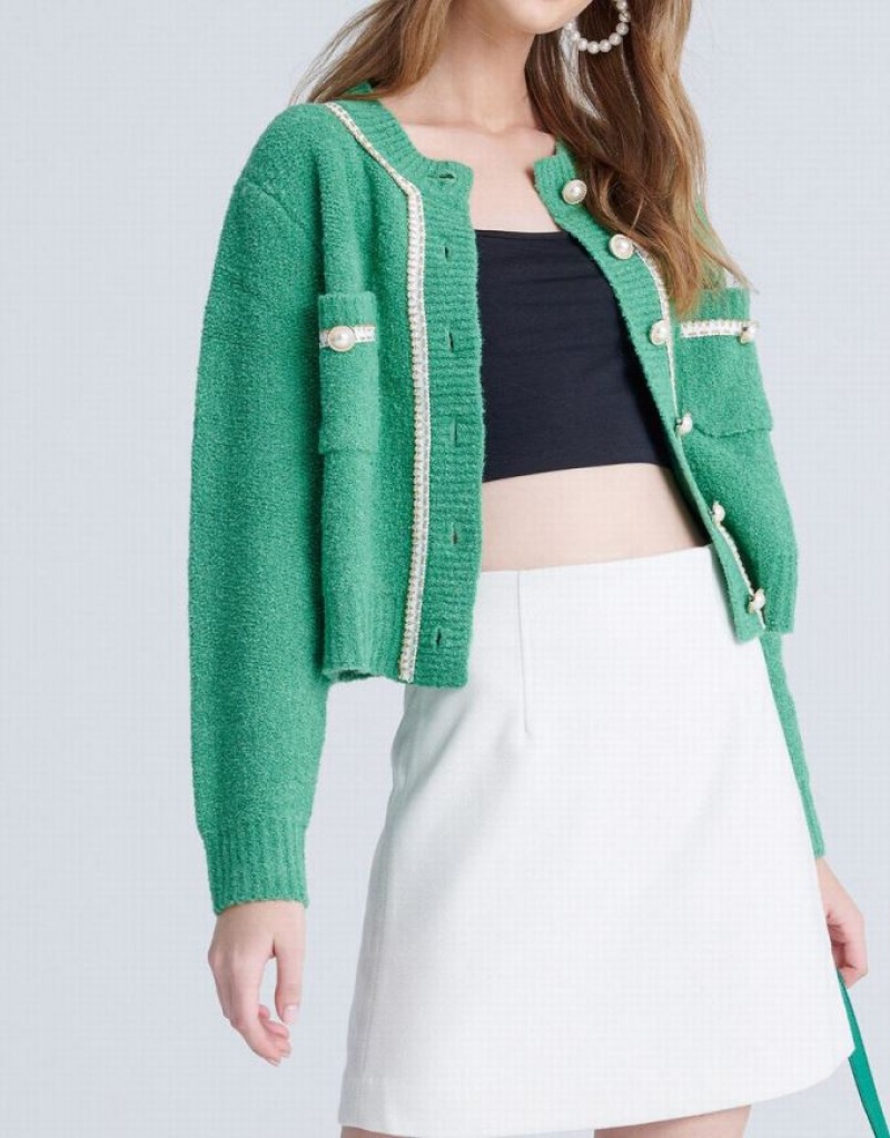 Green Urban Revivo Contrast Trim Faux Pearl Button Women's Cardigan | BYFNGJ-137