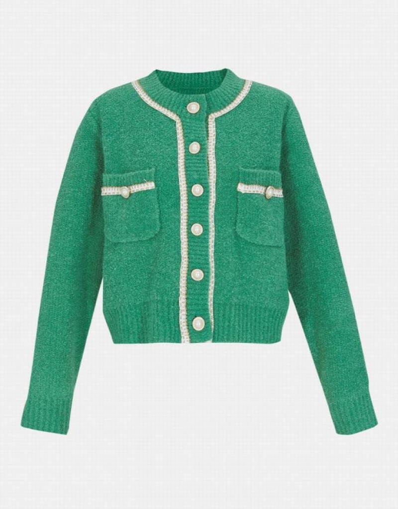 Green Urban Revivo Contrast Trim Faux Pearl Button Women\'s Cardigan | BYFNGJ-137