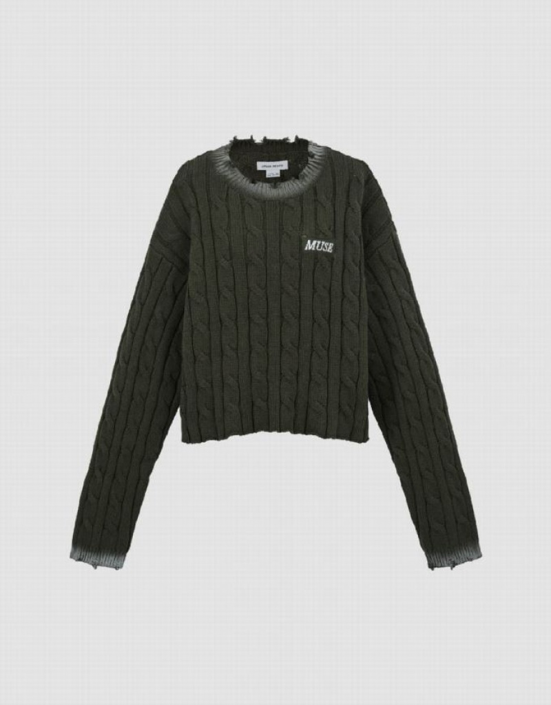 Green Urban Revivo Crew Neck Cable Knitted Women's Cardigan | HRLQVI-271