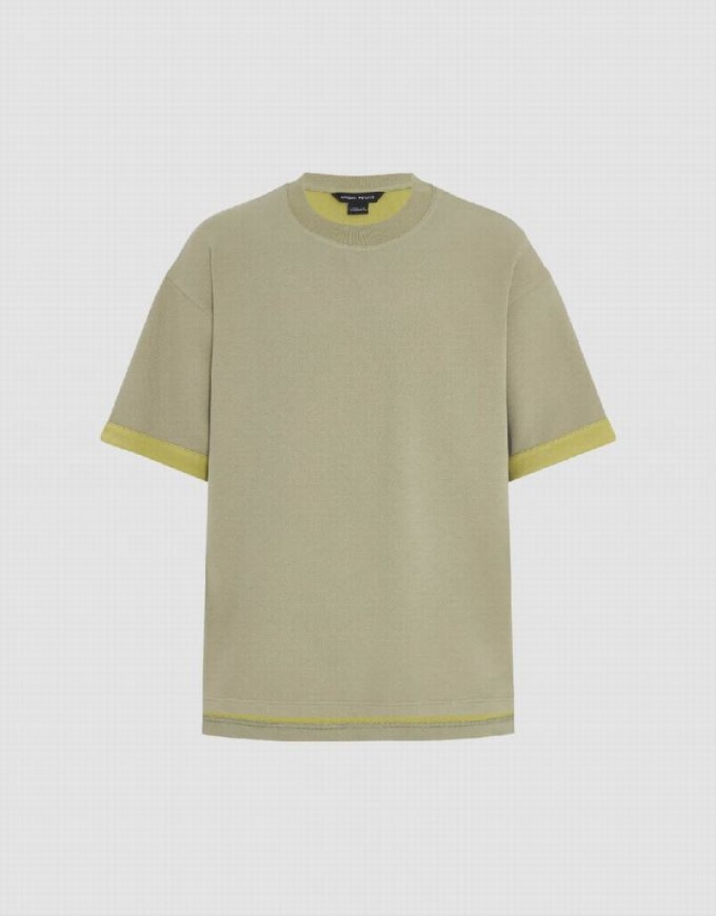 Green Urban Revivo Crew Neck Knitted Men's T-Shirts | KCUBOJ-230