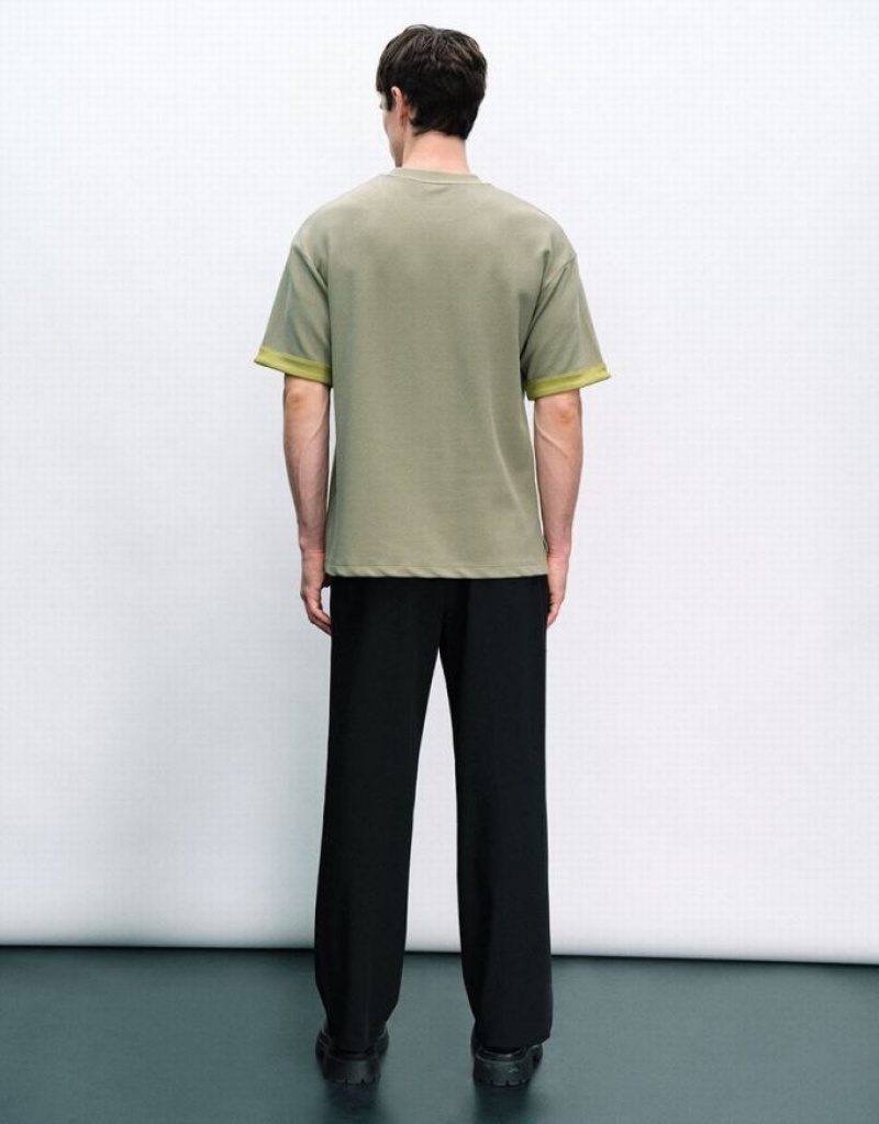 Green Urban Revivo Crew Neck Knitted Men's T-Shirts | KCUBOJ-230