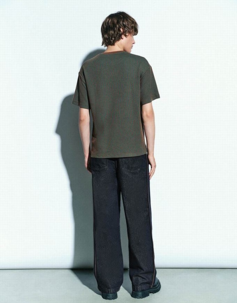 Green Urban Revivo Crew Neck Knitted Men's T-Shirts | APGBNY-761