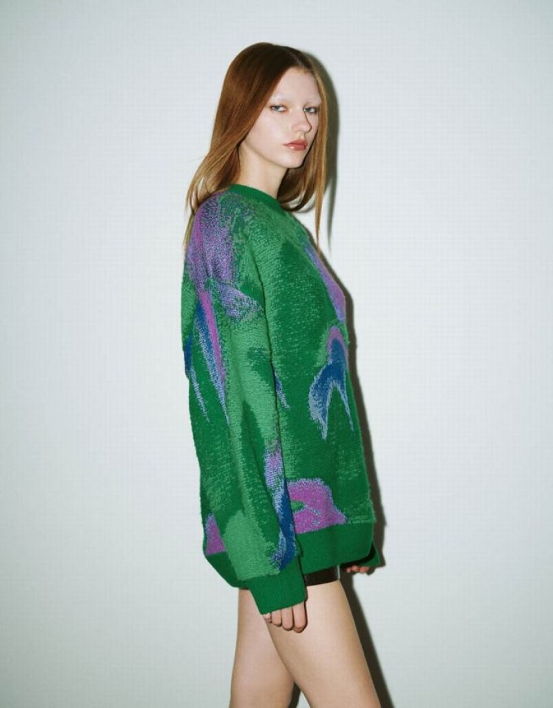 Green Urban Revivo Crew Neck Knitted Women's Cardigan | PRMCDI-324