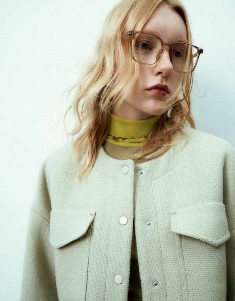 Green Urban Revivo Crew Neck Press Button Straight Women's Jacket | HMFJRV-450