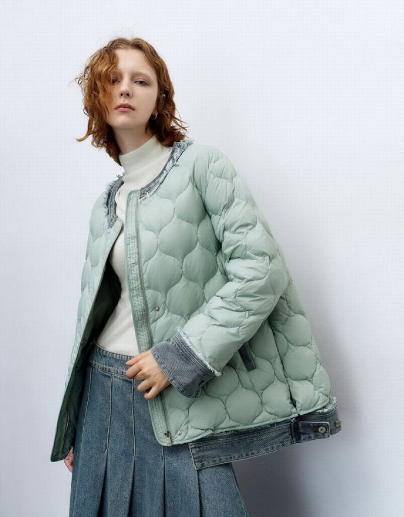 Green Urban Revivo Crew Neck Straight Women's Down Jackets | IYJKXP-824