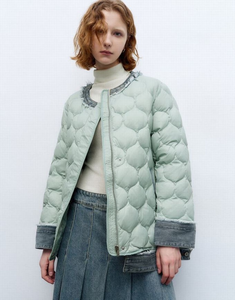 Green Urban Revivo Crew Neck Straight Women\'s Down Jackets | IYJKXP-824