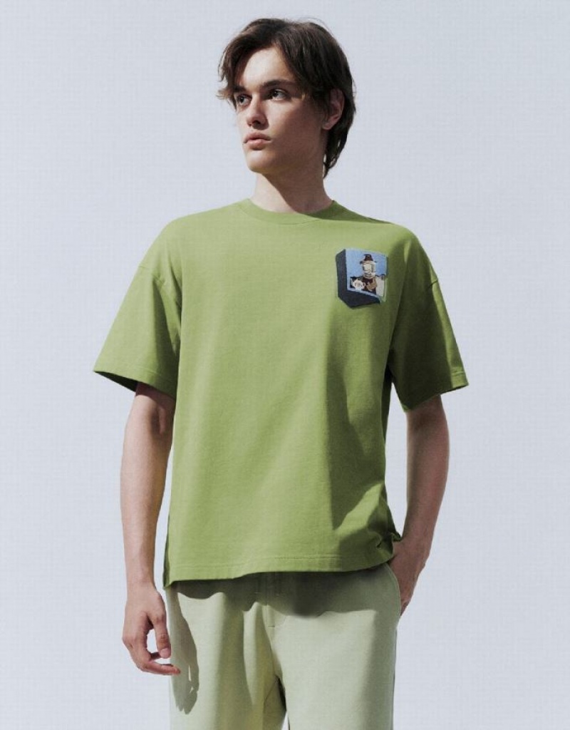 Green Urban Revivo Drop Shoulder Sleeve Men\'s T-Shirts | GMJXHP-430