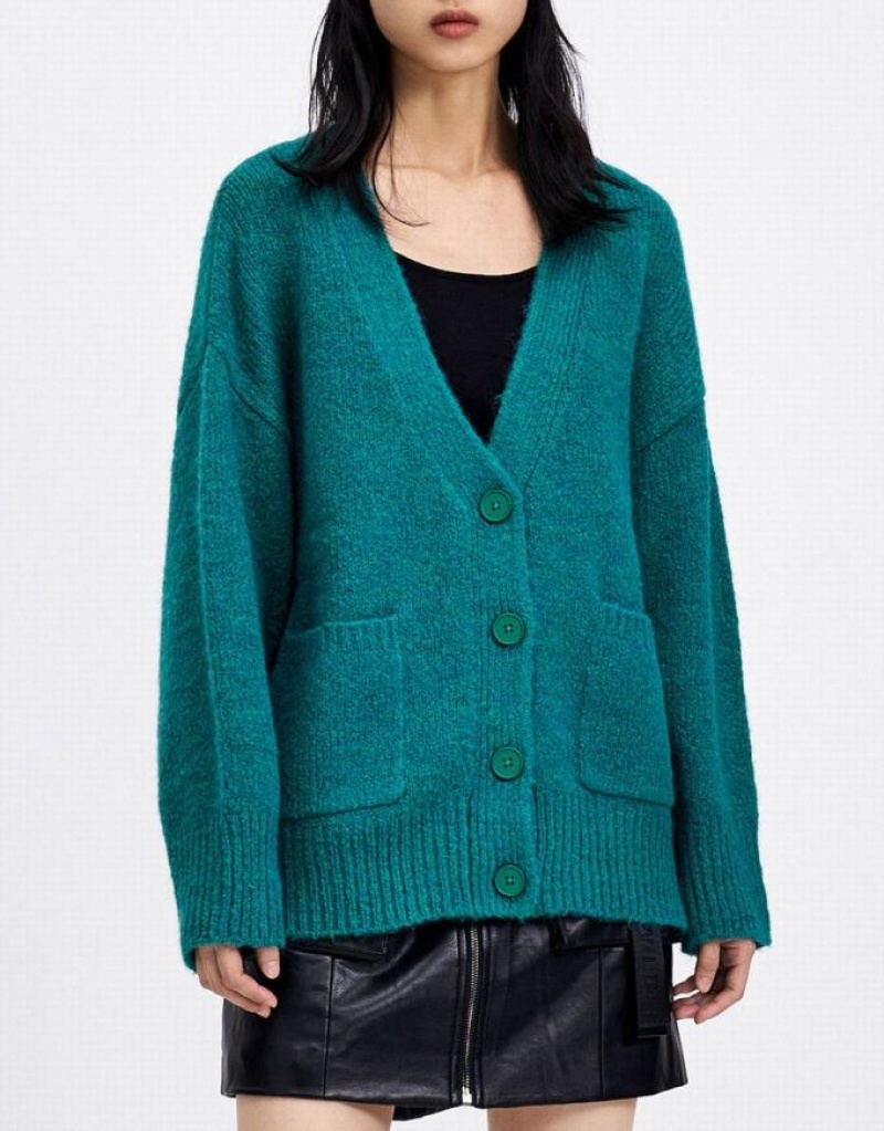 Green Urban Revivo Drop Shoulder Patched Pocket Button Up Women's Cardigan | WIQYGV-724