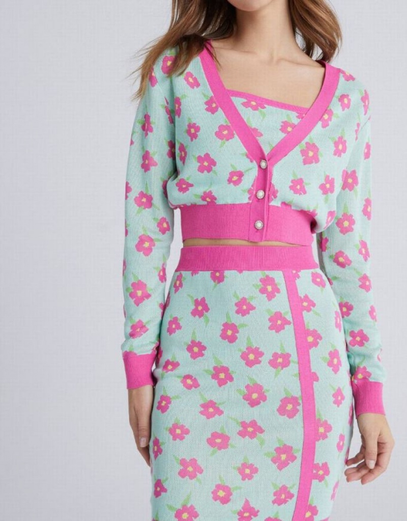 Green Urban Revivo Floral Jacquard Contrast Trim Women's Cardigan | YUHCVN-048
