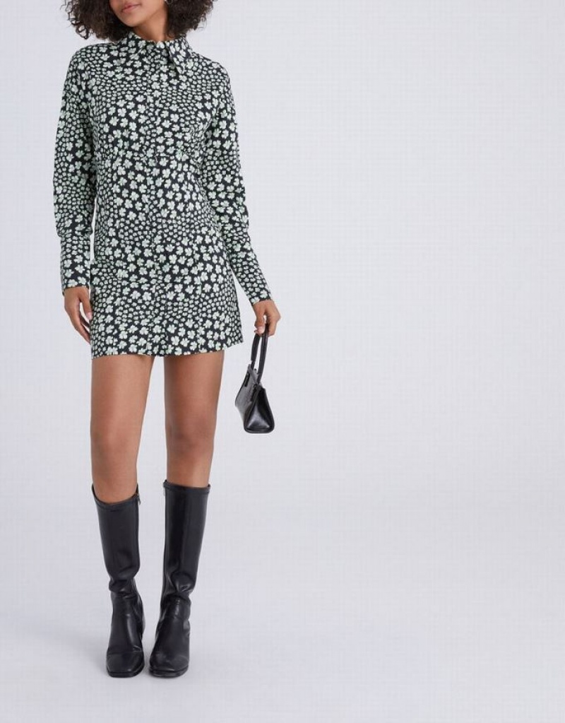 Green Urban Revivo Floral Print Button Up Women's Casual Dress | QOVHME-482