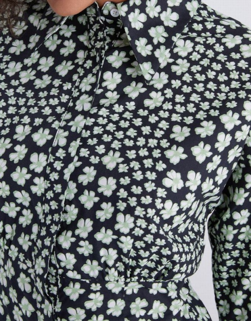Green Urban Revivo Floral Print Button Up Women's Casual Dress | QOVHME-482