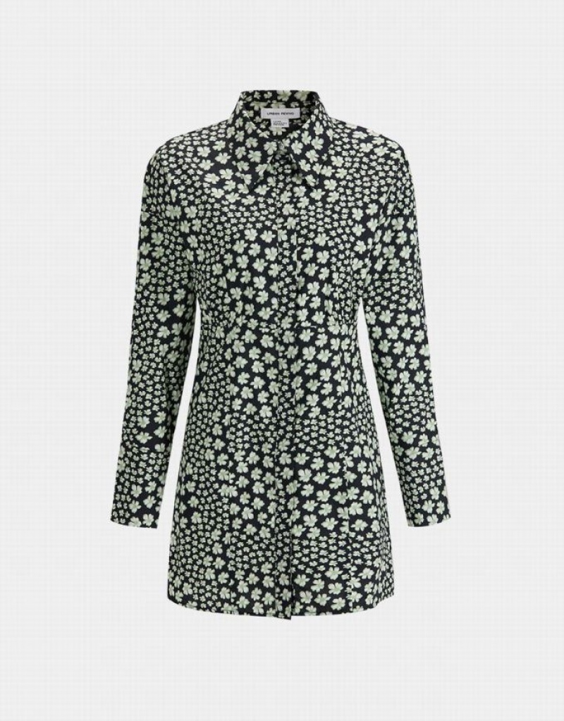 Green Urban Revivo Floral Print Button Up Women\'s Casual Dress | QOVHME-482