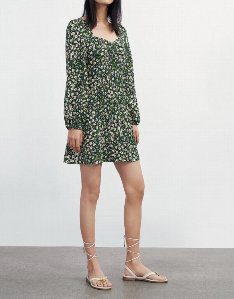 Green Urban Revivo Floral Print Sweetheart Long Sleeve Women's Casual Dress | KEPVYO-738