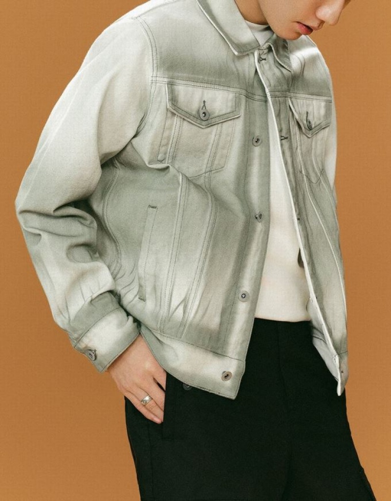 Green Urban Revivo Gradient Loose Men's Denim Jackets | KDZPJS-257