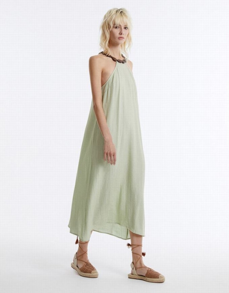 Green Urban Revivo Halter Midi Women's Midi Dress | EIFXVN-641