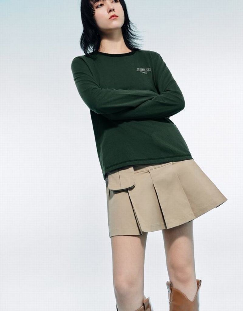 Green Urban Revivo Letter Printed Crew Neck Straight Women's T-Shirts | IBZQYD-382