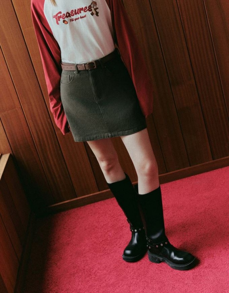 Green Urban Revivo Mini A-Line With Belt Women's Denim Skirt | MDNVGR-036