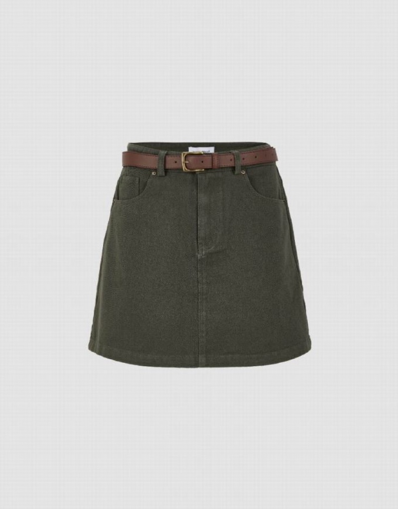 Green Urban Revivo Mini A-Line With Belt Women\'s Denim Skirt | MDNVGR-036