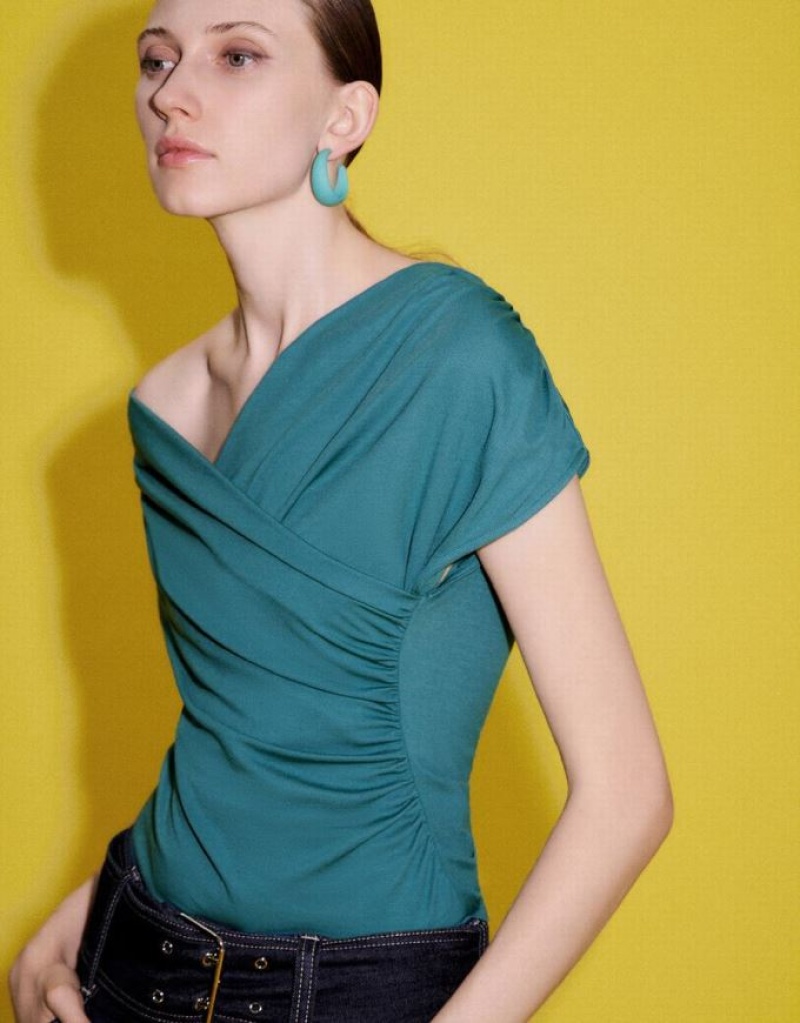 Green Urban Revivo One Shoulder Skinny Women's T-Shirts | NFQKVA-603