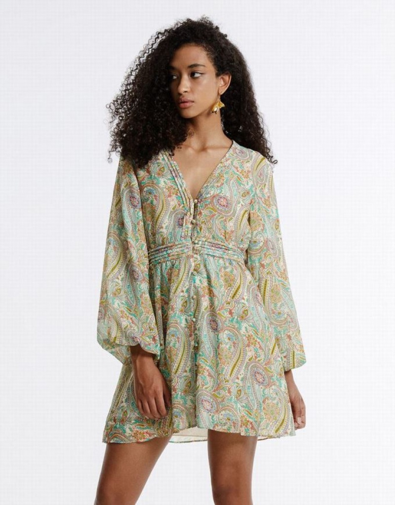 Green Urban Revivo Paisley Print Chiffon Women's Casual Dress | KULWGT-924
