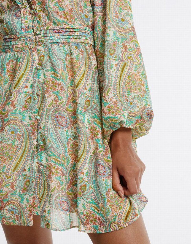 Green Urban Revivo Paisley Print Chiffon Women's Casual Dress | KULWGT-924