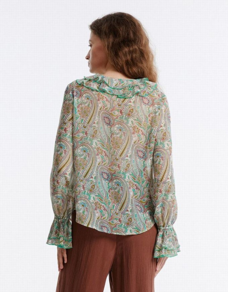 Green Urban Revivo Paisley Print Ruffled Women's Shirts | OANCTF-209