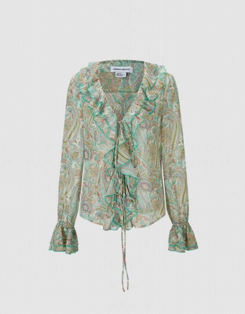 Green Urban Revivo Paisley Print Ruffled Women\'s Shirts | OANCTF-209