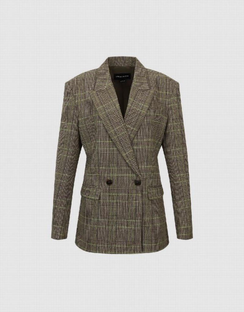 Green Urban Revivo Peak Lapel Plaid Women's Blazers | ZDAKCH-164