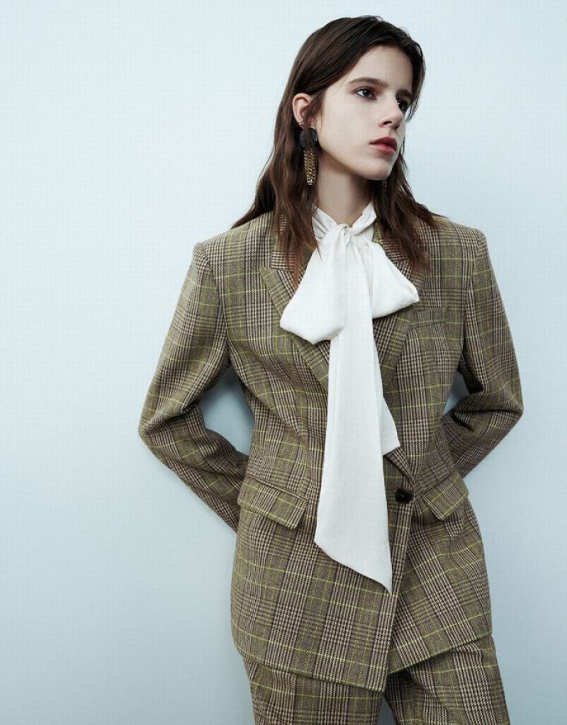 Green Urban Revivo Peak Lapel Plaid Women's Blazers | ZDAKCH-164