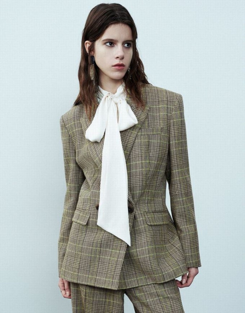 Green Urban Revivo Peak Lapel Plaid Women\'s Blazers | ZDAKCH-164