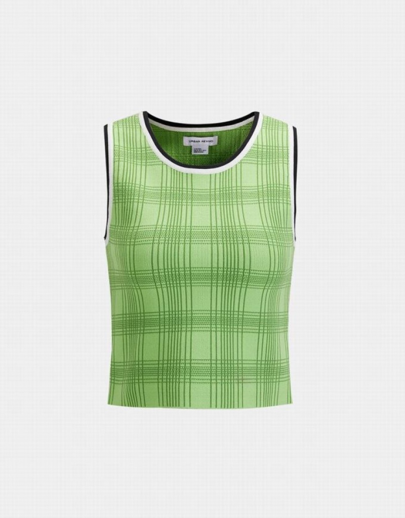 Green Urban Revivo Plaid Jacquard Knitted Women\'s Tank Top | XUSWIP-038