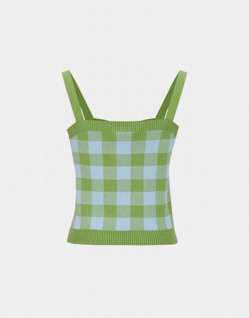 Green Urban Revivo Plaid Knitted Women's Camisole | NRSXWG-913