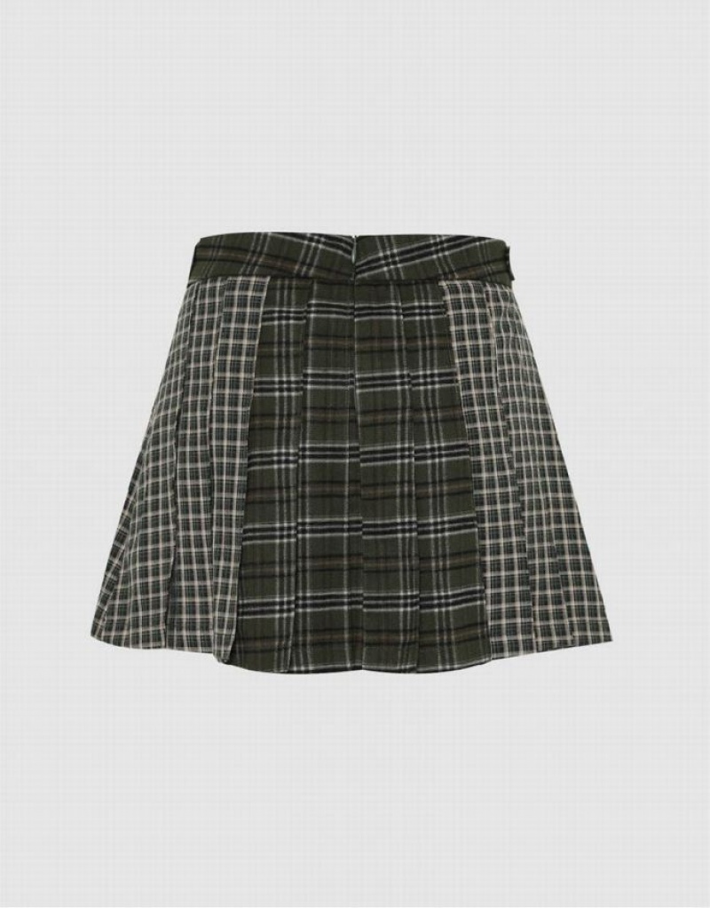 Green Urban Revivo Plaid Mini A-Line Women's Skirts | QRIZNT-813