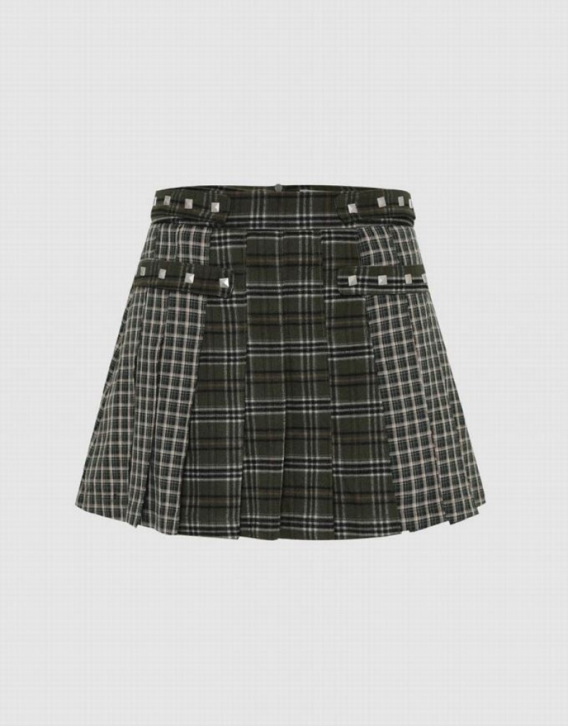Green Urban Revivo Plaid Mini A-Line Women\'s Skirts | QRIZNT-813