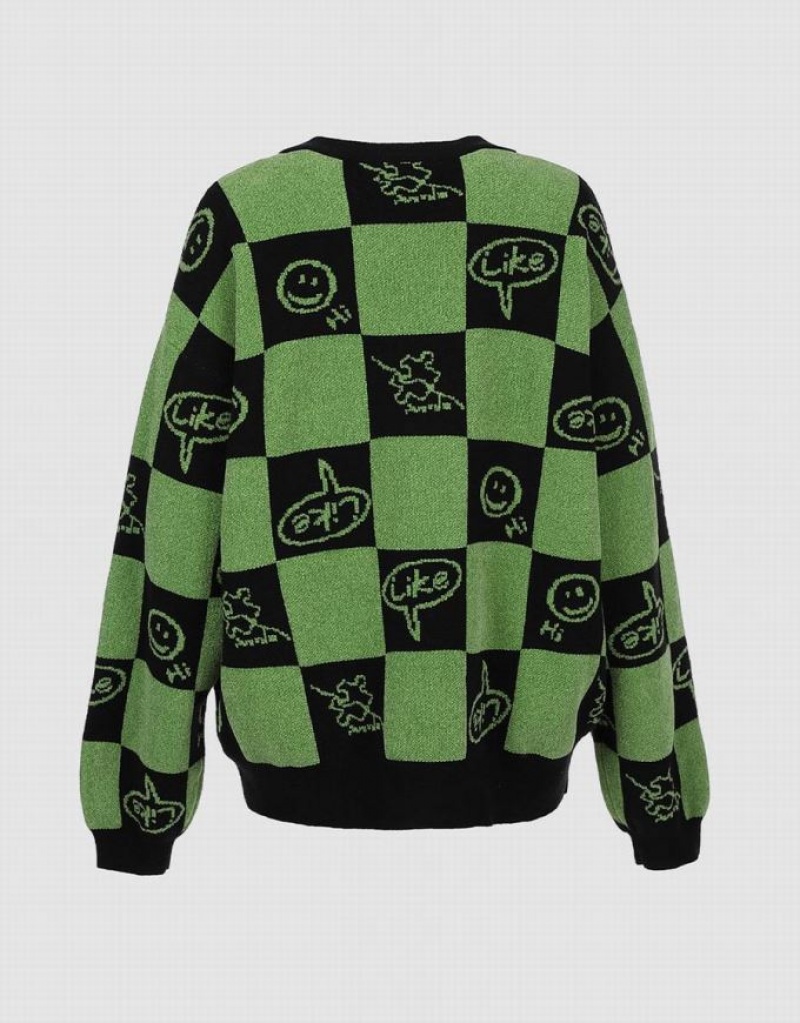Green Urban Revivo Plaid Smile Face Button Up Women's Cardigan | RXMSQB-816