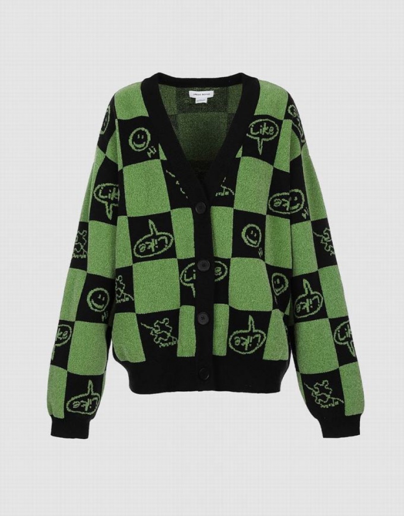 Green Urban Revivo Plaid Smile Face Button Up Women\'s Cardigan | RXMSQB-816