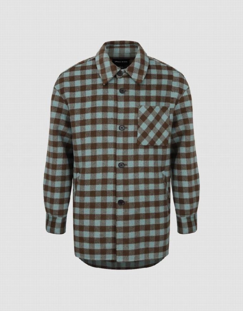 Green Urban Revivo Plaid Straight Woolen Men's Jacket | MFPBTZ-207