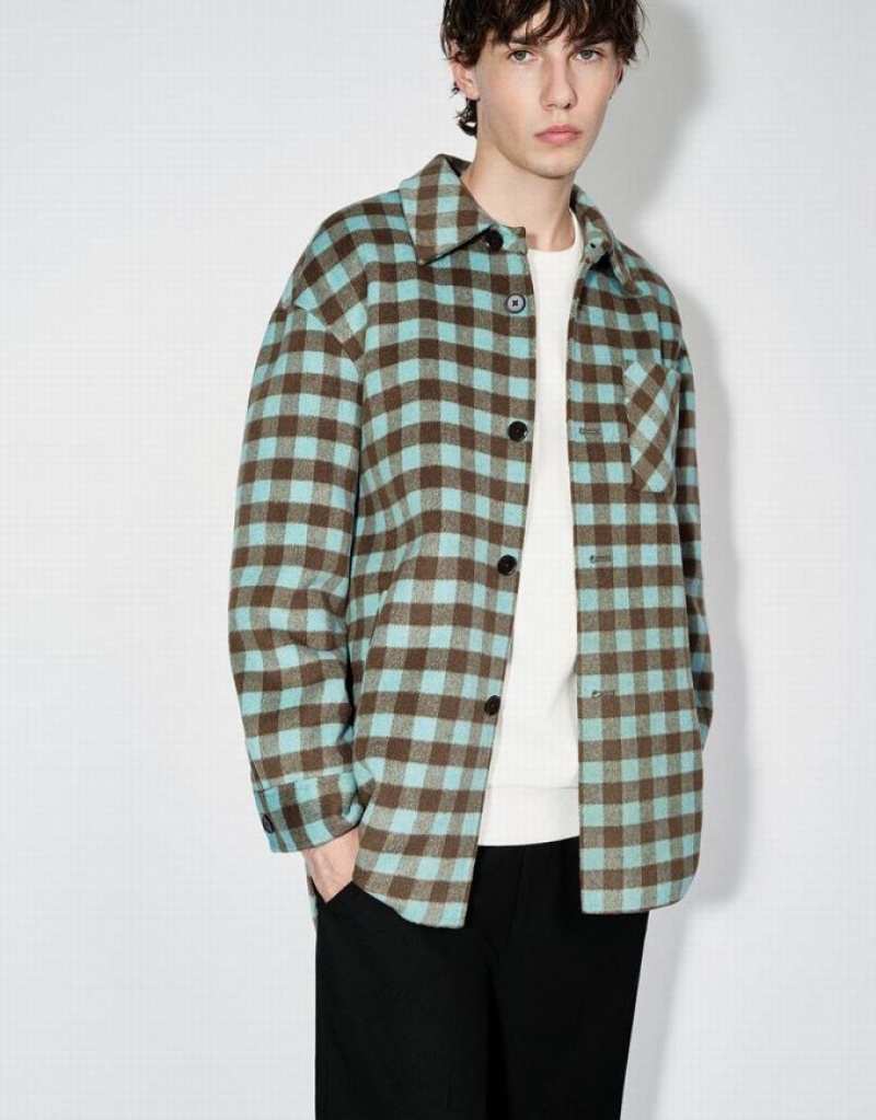 Green Urban Revivo Plaid Straight Woolen Men's Jacket | MFPBTZ-207