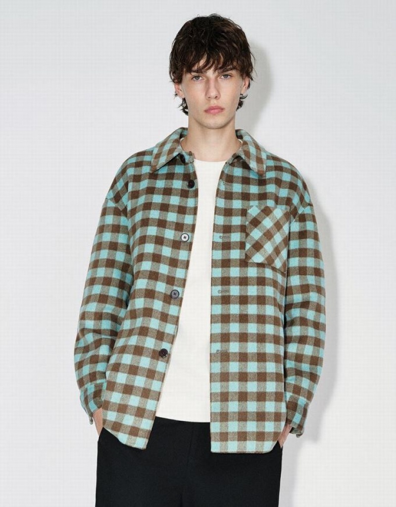 Green Urban Revivo Plaid Straight Woolen Men\'s Jacket | MFPBTZ-207