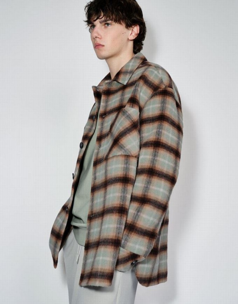 Green Urban Revivo Plaid Straight Woolen Men's Jacket | JHYPUG-189