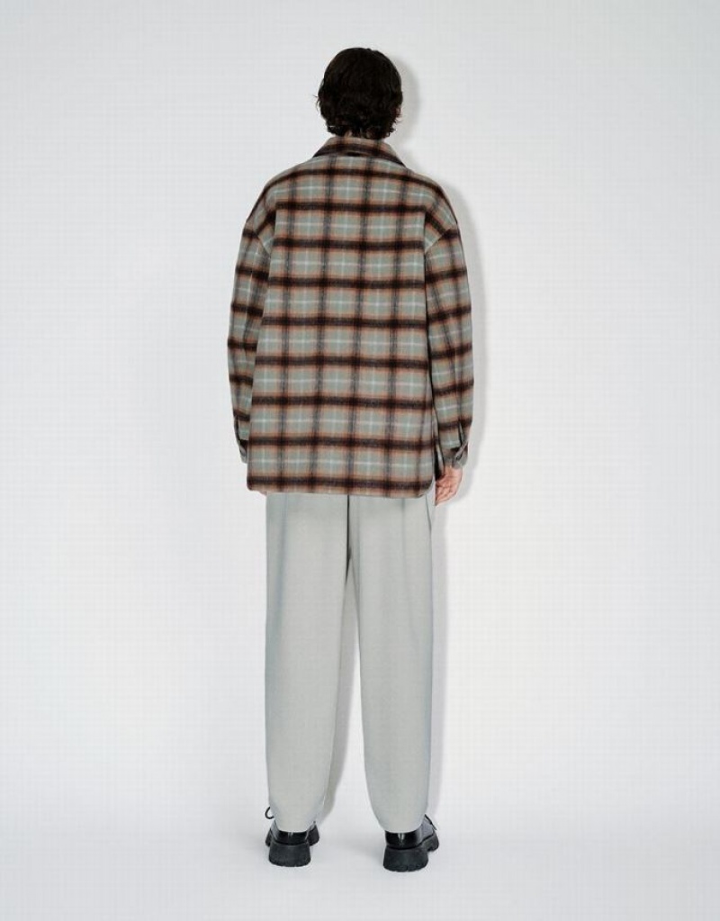 Green Urban Revivo Plaid Straight Woolen Men's Jacket | JHYPUG-189