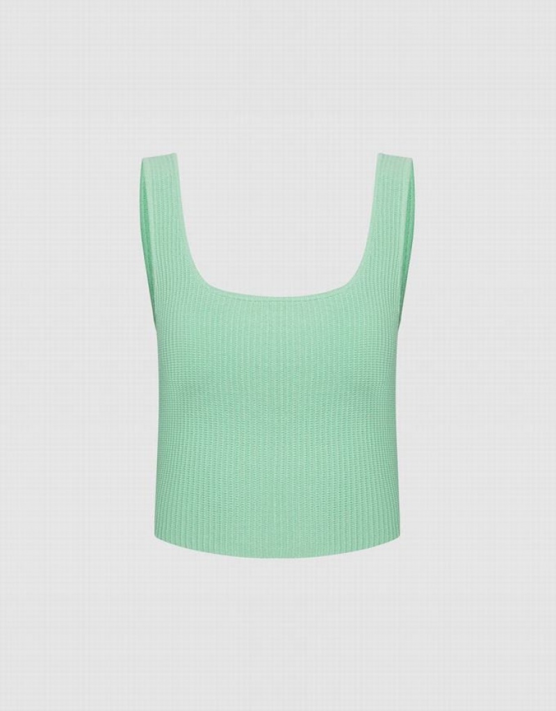Green Urban Revivo Plain Ribbed Knit Women\'s Tank Top | ZEFKRA-805
