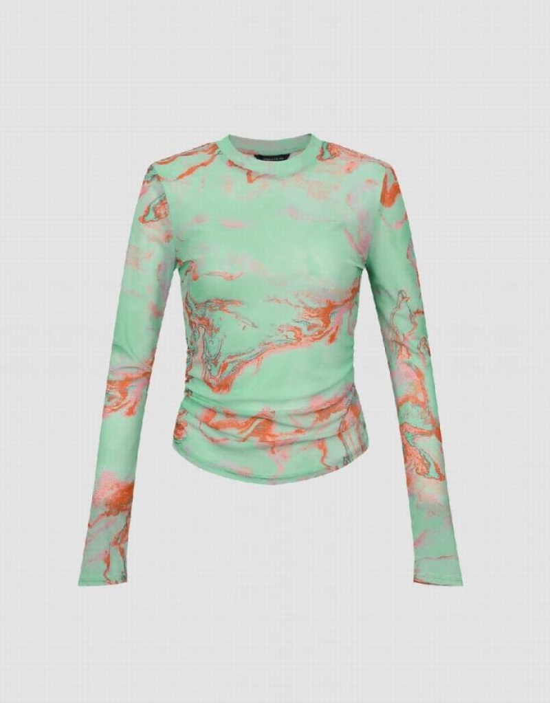 Green Urban Revivo Printed Crew Neck Skinny Women\'s T-Shirts | ZOKNHL-540