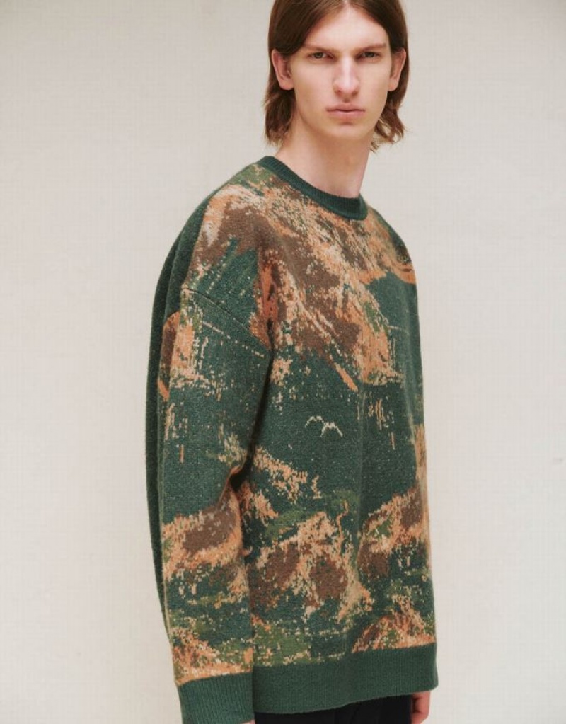 Green Urban Revivo Printed Knitted Men's Cardigan | AQWKPZ-315