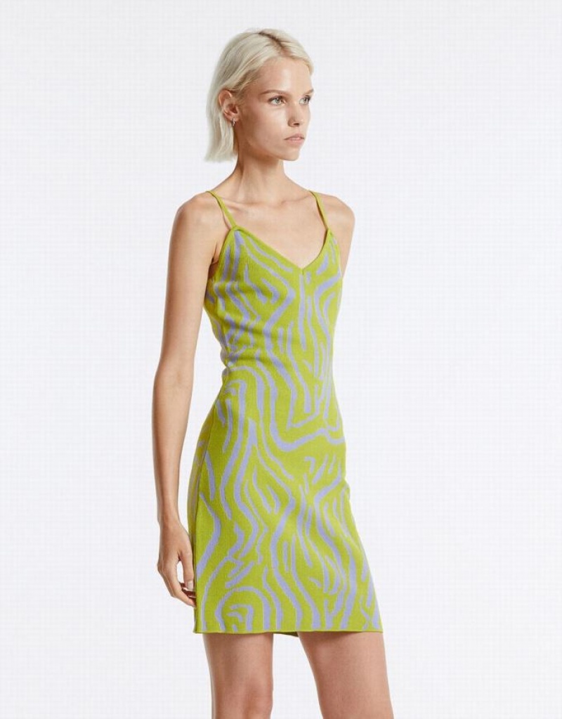 Green Urban Revivo Printed Women's Knitted Dress | FQRJAU-791
