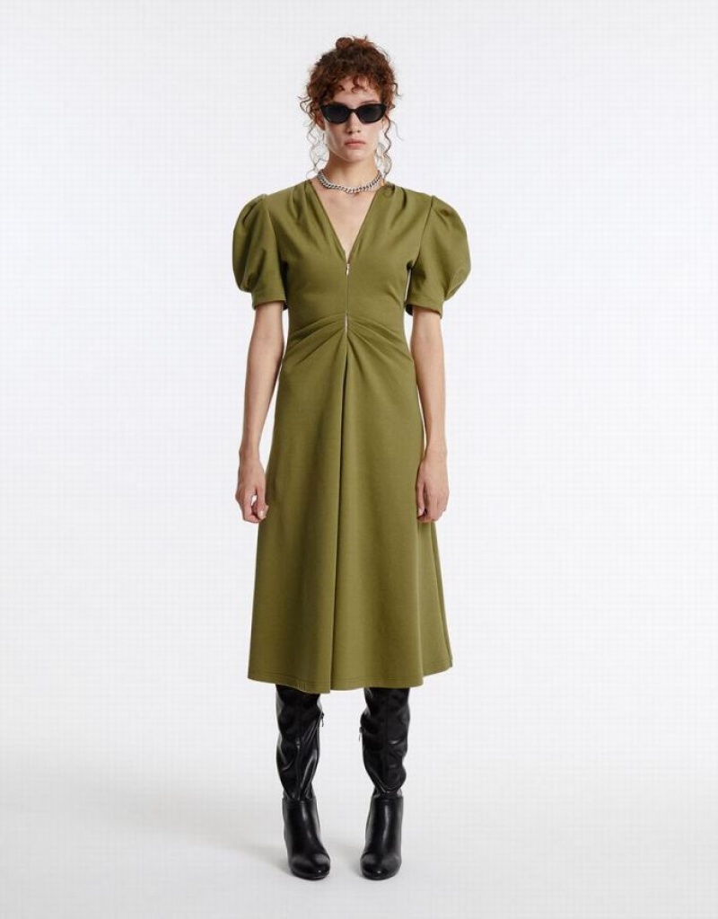 Green Urban Revivo Puff Sleeve Ruched Women\'s Casual Dress | IQHEZG-896