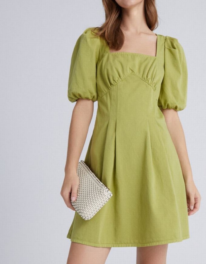 Green Urban Revivo Puff Sleeve Square Neck Women's Denim Dress | LENPVC-576