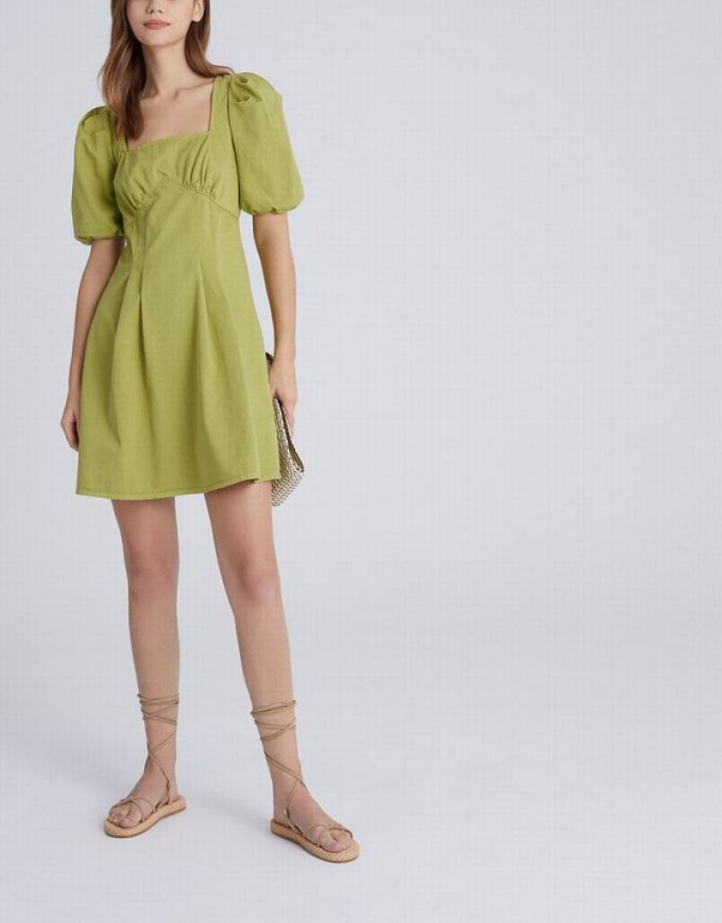 Green Urban Revivo Puff Sleeve Square Neck Women's Denim Dress | LENPVC-576