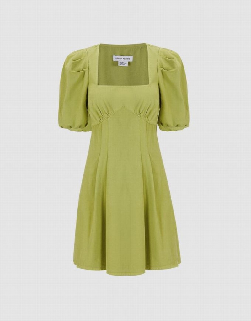 Green Urban Revivo Puff Sleeve Square Neck Women\'s Denim Dress | LENPVC-576