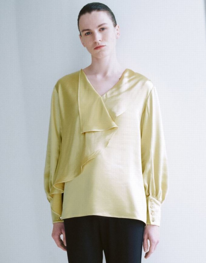 Green Urban Revivo Ruffle V-Neck Overhead Women\'s Blouse | ZGQOUD-063